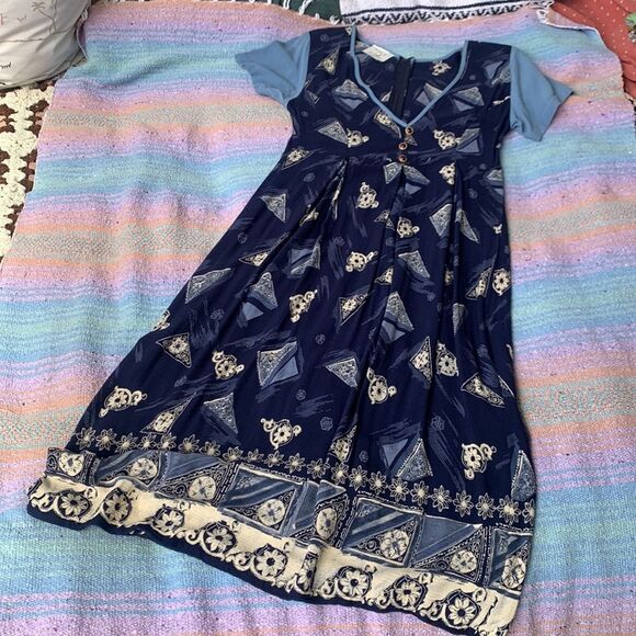 ELAINE SEINFELD BLOSSOM Blue Navy 90s Maxi Dress Geo Floral Print - Picture 3 of 8
